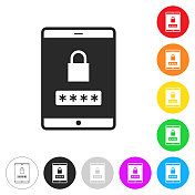 带密码的平板电脑。彩色按钮上的图标