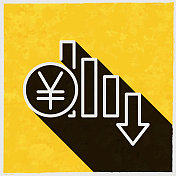 日元汇率下降。图标与长阴影的纹理黄色背景