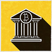 银行与比特币标志。图标与长阴影的纹理黄色背景