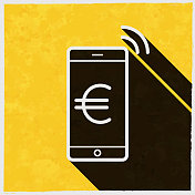 欧元移动支付。图标与长阴影的纹理黄色背景