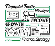 财务规划的对象和要素。线条图标插图集合。图标设置或标题模板。