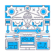 工程对象和要素。线条图标插图集合。图标设置或标题模板。