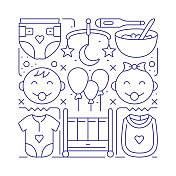 婴儿对象和元素。线条图标插图集合。图标设置或标题模板。 婴儿对象和元素。线条图标插图集合。图标设置或标题模板。