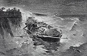 在波涛汹涌的博登西，一艘划艇几乎要撞上防波堤了