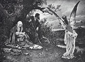 玛丽和约瑟夫在逃亡中,由天使守护 玛丽和约瑟夫在逃亡中,由天使守护