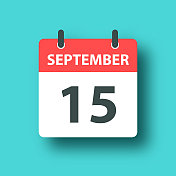 9月15日-日常日历图标上的蓝色绿色背景与阴影