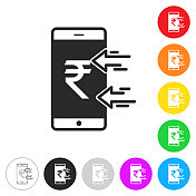 用智能手机接收印度卢比。彩色按钮上的图标 用智能手机接收印度卢比。彩色按钮上的图标