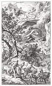 从独眼巨人波吕斐摩斯的洞穴推断，木刻，1881年