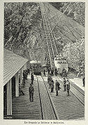 复古插画，通往加州帕萨迪纳的缆车，19世纪维多利亚时代