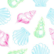 手绘多色海贝壳无缝图案。壳向量背景。