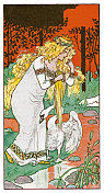 年轻的公主洗头发在湖与天鹅nouveau插图