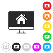 台式电脑与智能家居。彩色按钮上的图标 台式电脑与智能家居。彩色按钮上的图标