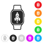 电子手表火箭。彩色按钮上的图标 电子手表火箭。彩色按钮上的图标