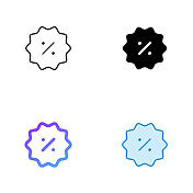 折扣图标设计在四个风格与可编辑的笔画。线，实线，平线和颜色梯度线。适合网页，手机App, UI, UX和GUI设计。