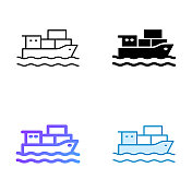 集装箱船图标设计在四风格与可编辑的笔画。线，实线，平线和颜色梯度线。适合网页，手机App, UI, UX和GUI设计。