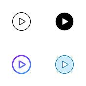 视频播放器图标设计在四风格与可编辑的笔画。线，实线，平线和颜色梯度线。适合网页，手机App, UI, UX和GUI设计。