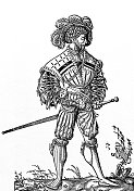 穿着游行制服的中世纪骑士，戴着羽毛帽子，发型像蜗牛壳