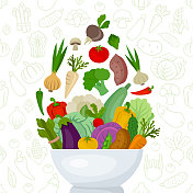 蔬菜碗。素食食物。有机蔬菜食品无缝模式。 蔬菜碗。素食食物。有机蔬菜食品无缝模式。