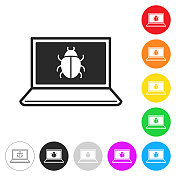笔记本电脑病毒。彩色按钮上的图标 笔记本电脑病毒。彩色按钮上的图标