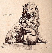 建筑装饰，狮子的爪子放在一个球体上，复古的艺术版画