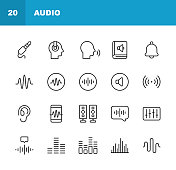 音频线图标。可编辑的中风。包含这样的图标，声音，音量，静音，音乐，声波，频率，立体声，混合器，扬声器，耳机，音乐，收音机，麦克风，耳机，说话，耳朵。