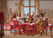 室内乐，17世纪，古典音乐家演奏琵琶，大提琴，歌手，男人和女人，法国