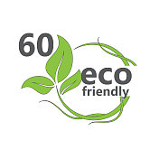 60%环保邮票图标矢量插图绿色有机植物叶子。环保的绿叶标签贴纸。2 d矢量插图。