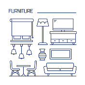 家具相关设计元素。使用大纲图标的模式设计。