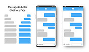 短信。智能手机，手机模板现实矢量插图。演讲泡沫。讨论