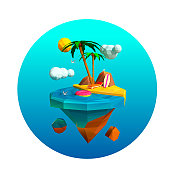 飞行岛与海，棕榈树，冲浪板，旅游，旅行，三角形插图