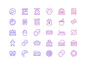 简单的面包房相关矢量细线图标集合。大纲符号集合。
