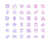 简单的购物和零售相关的矢量细线图标集合。大纲符号集合。 简单的购物和零售相关的矢量细线图标集合。大纲符号集合。