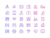 简单的酒店服务和设施相关的矢量细线图标。大纲符号集合。