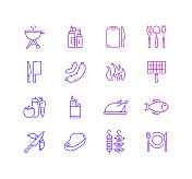 烧烤相关的矢量细线图标的简单集合。大纲符号集合。 烧烤相关的矢量细线图标的简单集合。大纲符号集合。