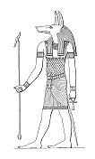 古董雕刻插图，文明:埃及神，阿努比斯