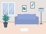 家庭清洁概念与机器人清洁。客厅内部有机器人清洁工，沙发，盆栽植物和落地灯。