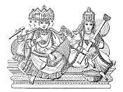 古董雕刻插图，文明:梵天，萨拉斯瓦蒂