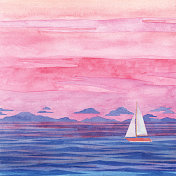 水彩画日落海和一艘船