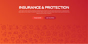 与线性图标的保险和保护网页横幅，时髦的线性风格向量