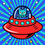 一个可爱的猫宇航员正在驾驶无限动力宇宙飞船或UFO进入超宇宙
