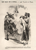 两个男人在化装舞会上争夺美女，1860年代的法国维多利亚时代卡通