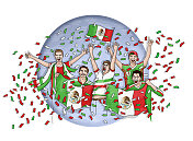 五名墨西哥球迷手持墨西哥国旗庆祝胜利