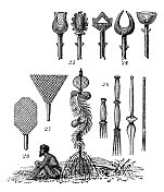 古董插图，民族志和土著文化:工具和武器，斐济