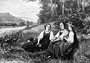 五月来了，树木开始发芽，三位来自黑森林的年轻女子坐在森林边缘的草地上唱着歌