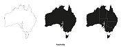 澳大利亚地图的轮廓，黑色和详细。3张。