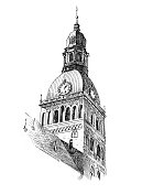 大教堂圆顶教堂塔的城市草图