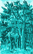 插画油画风景松林在其他树木的蓝天下的射线