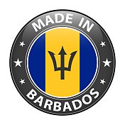 在巴巴多斯制造的徽章矢量。贴纸上有星星和国旗。标志孤立在白色背景上。