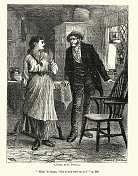 维多利亚时代一对夫妇在厨房争吵的复古插画组,19世纪70年代,19世纪 维多利亚时代一对夫妇在厨房争吵的复古插画组,19世纪70年代,19世纪