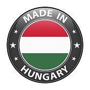 匈牙利制造的徽章向量。贴纸上有星星和国旗。标志孤立在白色背景上。